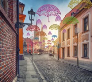 magic umbrellas in the city